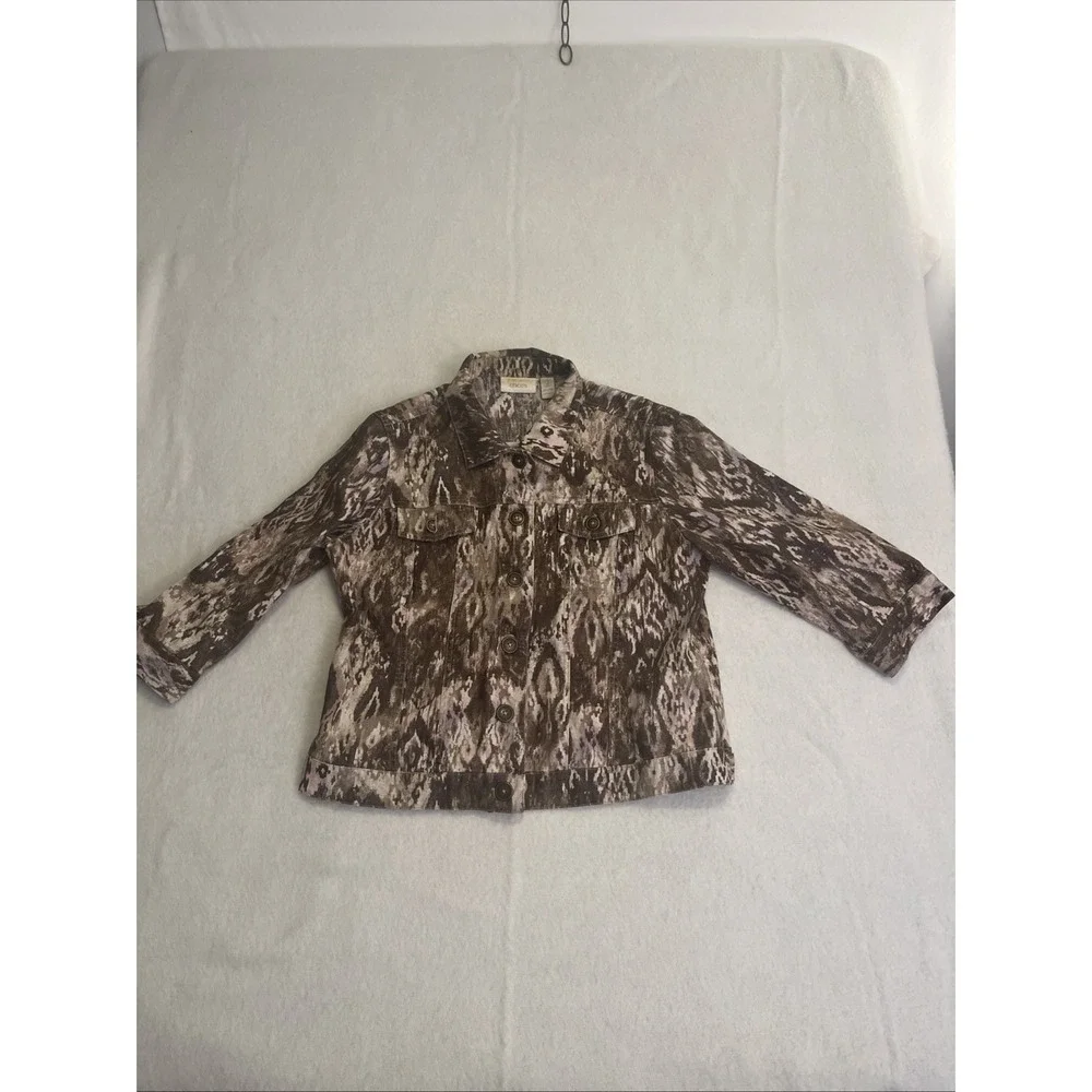 Chico's Sz Large (Chicos =2) 10/12 Earth Tone Pattern‎ Blazer Button Up Jacket